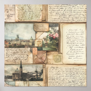 Poster Collage vintage de cartes postales avec lettres eu