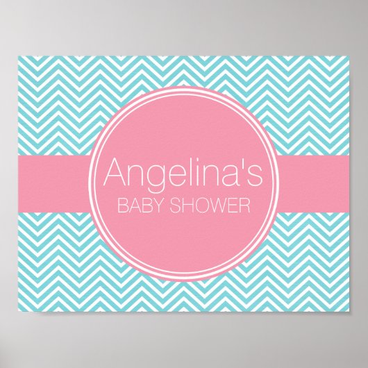 Poster Collection baby shower - Chevrons bleu rose et Aqu (Devant)