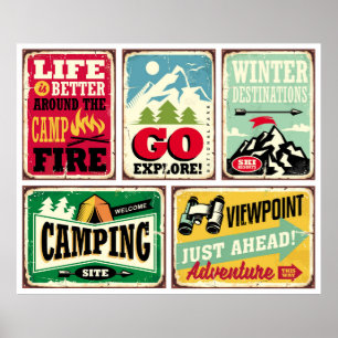 Poster collection de panneaux rétro randonnée et camping.