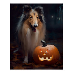 Poster Collie à poil long d'Halloween avec citrouilles ef