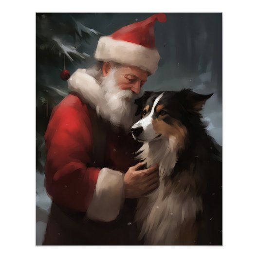 Poster Collie frontalier avec Noël Festif du Père Noël (Devant)