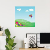 POSTER COLLINE AVEC BOUTEILLE ET FLEURS (Bureau à domicile)