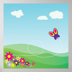 POSTER COLLINE AVEC BOUTEILLE ET FLEURS