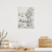 Poster Collines et arbres à rouleaux Croquis, gravure vin (Cuisine)