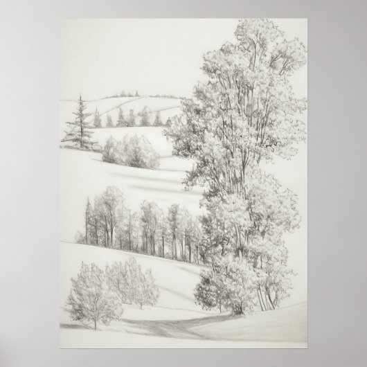 Poster Collines et arbres à rouleaux Croquis, gravure vin (Devant)