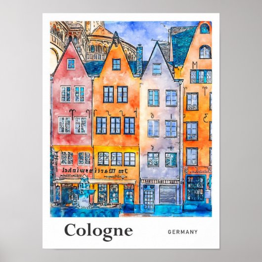 Poster Cologne Allemagne Voyage Aquarelle main tiré (Devant)