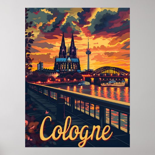 Poster Cologne : Cathédrale Silhouette sur le Rhin (Devant)