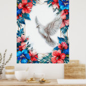 Poster Colombe blanche dans un cadre bleu orné (Cuisine)