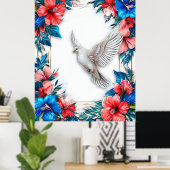 Poster Colombe blanche dans un cadre bleu orné (Bureau à domicile)
