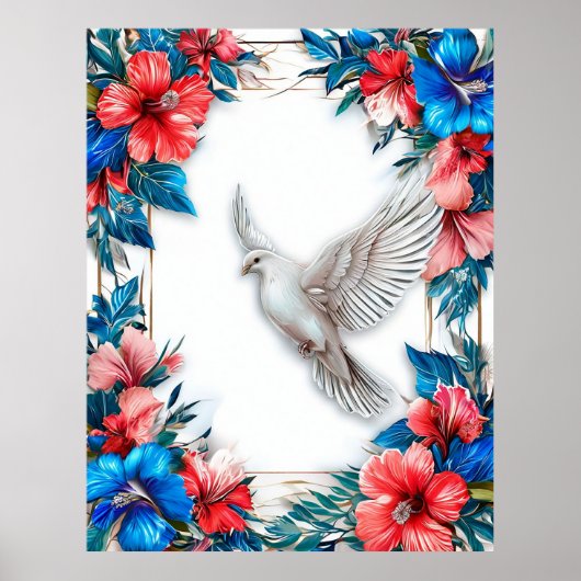 Poster Colombe blanche dans un cadre bleu orné (Devant)