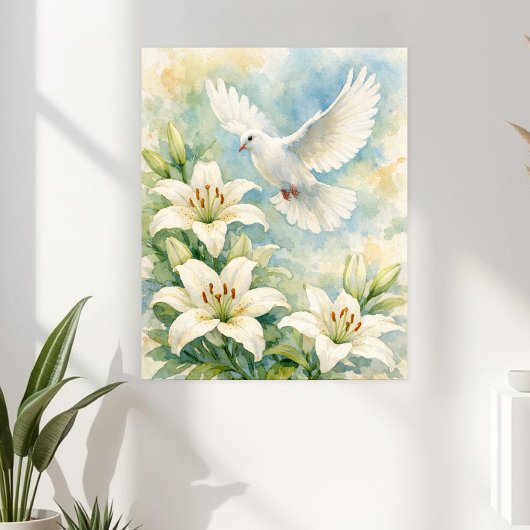 Poster Colombe chrétienne et lis à l'aquarelle