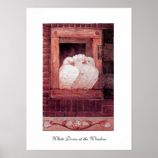 Poster COLOMBES BLANCHES À LA FENÊTRE, anique rose rouge (Devant)