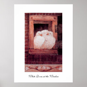 Poster COLOMBES BLANCHES À LA FENÊTRE, anique rouge rose