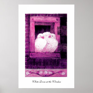 Poster COLOMBES BLANCHES À LA FENÊTRE, rose violet pourpr