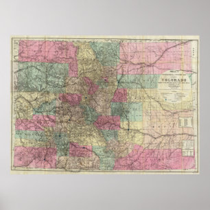 Poster Colorado Map with Cities (1884)