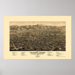 Poster Colorado Springs, carte panoramique de Co - 1882