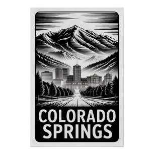 Poster Colorado Springs Colorado Gravure sur bois Noir et