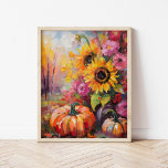 Poster Coloré Automne Floral et Citrouille<br><div class="desc">Une peinture abstraite moderne et vibrante qui présente un agencement ludique de citrouilles, de tournesols et d'autres feuillages d'automne. Les tons d'automne riches comme l'orange brûlée, les rouges profonds, les roses et les jaunes dorés se marient avec des touches douces et des éclats de couleur audacieux. Le style abstrait ajoute...</div>