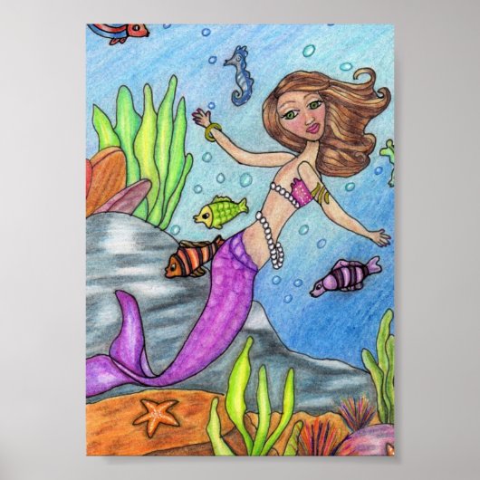 Poster coloré de sirène et de poisson (Devant)