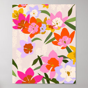 Poster Coloré Floral Rose Orange Lilac Et Jaune