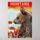 Poster Coloré Grizzly Oear Pop Art Montana Travel<br><div class="desc">C'est un style pop art numérique moderne, portrait faunique créatif d'un ours grizzli sur un arrière - plan coloré aux tons rouge, orange, bleu et jaune. J'ai ajouté un élément typographique en haut avec le mot : Montana dans un jaune déprimé, toutes les polices de caractères casquettes pour lui donner...</div>