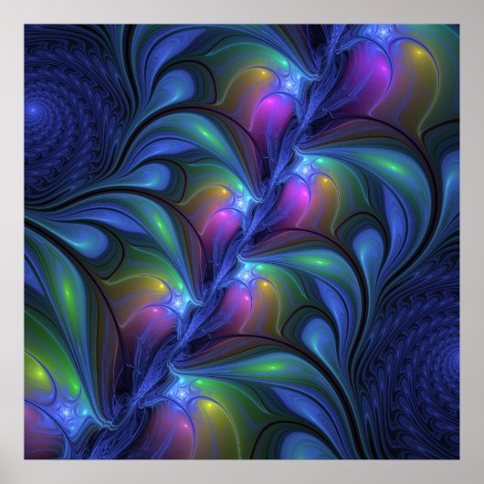 Poster Coloré Lumineux Abstrait Bleu rose Vert Fractal (Devant)