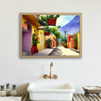 Poster Coloré Mexicaine Village Street Aquarelle Pittores