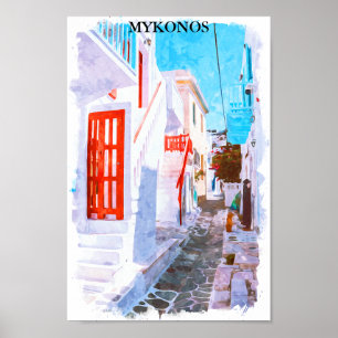 Poster Coloré Mykonos Grèce Rétro Voyage Aquarelle
