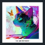 Poster Coloré Pop Art Editable Chat et papillon<br><div class="desc">Cette image présente un gros plan du visage d’un chat avec un papillon multicolore et vibrant qui plane près de son nez. Les yeux du chat sont grands et très verts, ce qui ajoute à l’effet captivant de la scène. L'arrière - plan est composé de motifs dynamiques et abstraits, de...</div>