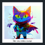 Poster Coloré Pop Art Editable Super Hero Chat<br><div class="desc">Cette image d'un chat en uniforme de super héros est créée dans le style pop art coloré. L'image comprend le dicton "Neuf vies,  courage sans fin",  qui est personnalisable. L'image est haute résolution 6953 x 6325 ppi. Il est téléchargeable.</div>