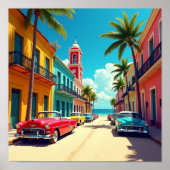Poster Colorful Cuban Street with Classic Cars (Devant)