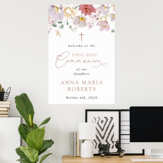 Poster Colorful Flowers, First Holy Communion Welcome (Bureau à domicile)