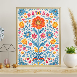 Poster Colorful Folk Floral Pattern with Butterfly