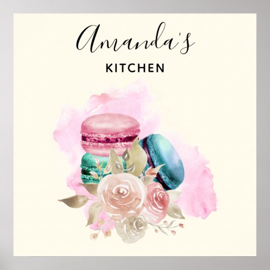 Poster Colorful Macarons and Flowers Watercolor Kitchen (Devant)