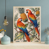 Poster Colorful Macaw Parrots with Pineapples