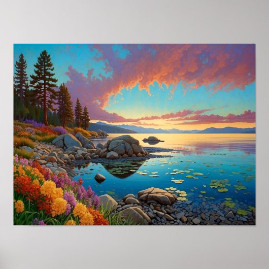 Poster Colorful Mountain Lake Flowers Art (Devant)