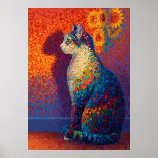 Poster Colorful Pointillism Cat with Sunflowers Art (Devant)