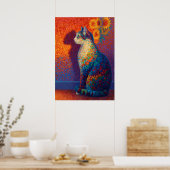 Poster Colorful Pointillism Cat with Sunflowers Art (Cuisine)