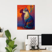Poster Colorful Pointillism Cat with Sunflowers Art (Bureau à domicile)