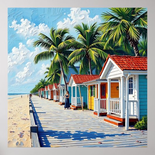 Poster Colorful Tropical Vibrant Beach Huts (Devant)