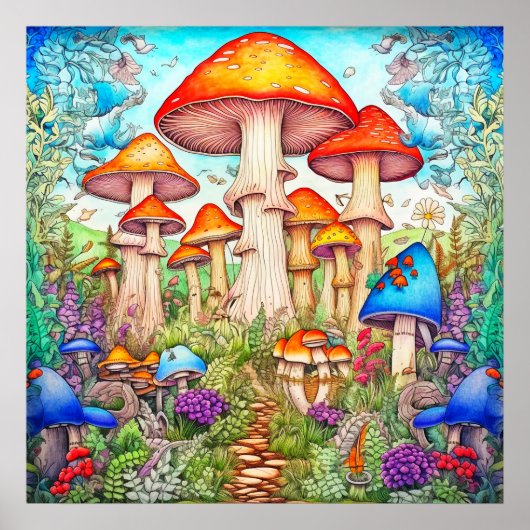 Poster Colorful Wild Psychedelic Mushroom Forest (Devant)