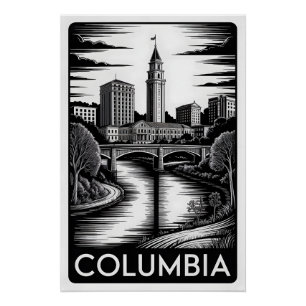 Poster Columbia Caroline du Sud Noir Blanc Gravure sur bo
