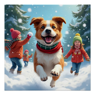 Poster Combat de boules de neige de Border Terrier Peintu