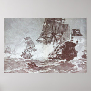 POSTER COMBAT DE NAVIRE PIRATE EN NOIR ET BLANC