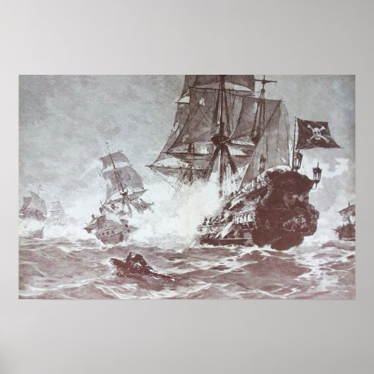 POSTER COMBAT DE NAVIRE PIRATE EN NOIR ET BLANC (Devant)