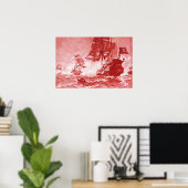 POSTER COMBAT DE NAVIRE PIRATE EN ROUGE ANTIQUE (Bureau à domicile)