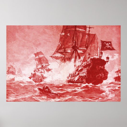 POSTER COMBAT DE NAVIRE PIRATE EN ROUGE ANTIQUE (Devant)