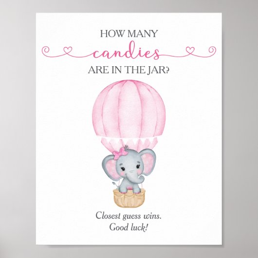 Poster Combien de bonbons Éléphant Rose Baby Shower Jeu (Devant)