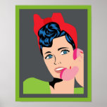 Poster Comic Pop Art<br><div class="desc">Poster d'art de la Pop avec une femme au téléphone,  Vintage dame avec le cou,  frontière verte et grise, </div>