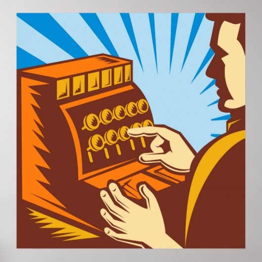 Poster commis aux ventes avec caisse enregistreuse style (Devant)